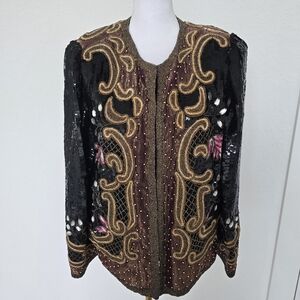 Vintage Laurence Kazar Sequin & Beaded Blazer Silk Evening Jacket M